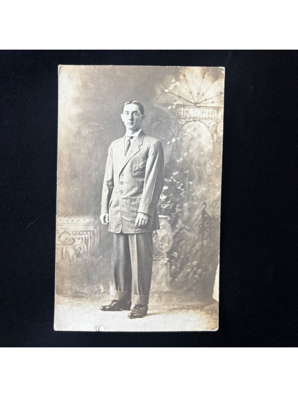 Antique Postcard RPPC Edwardian Man Pinstripe Suit Studio Portrait Mens Fashion